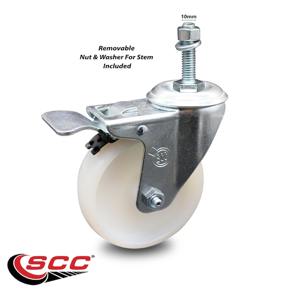 4 Inch Nylon Wheel Swivel 10mm Threaded Stem Caster Total Lock Brake SCC